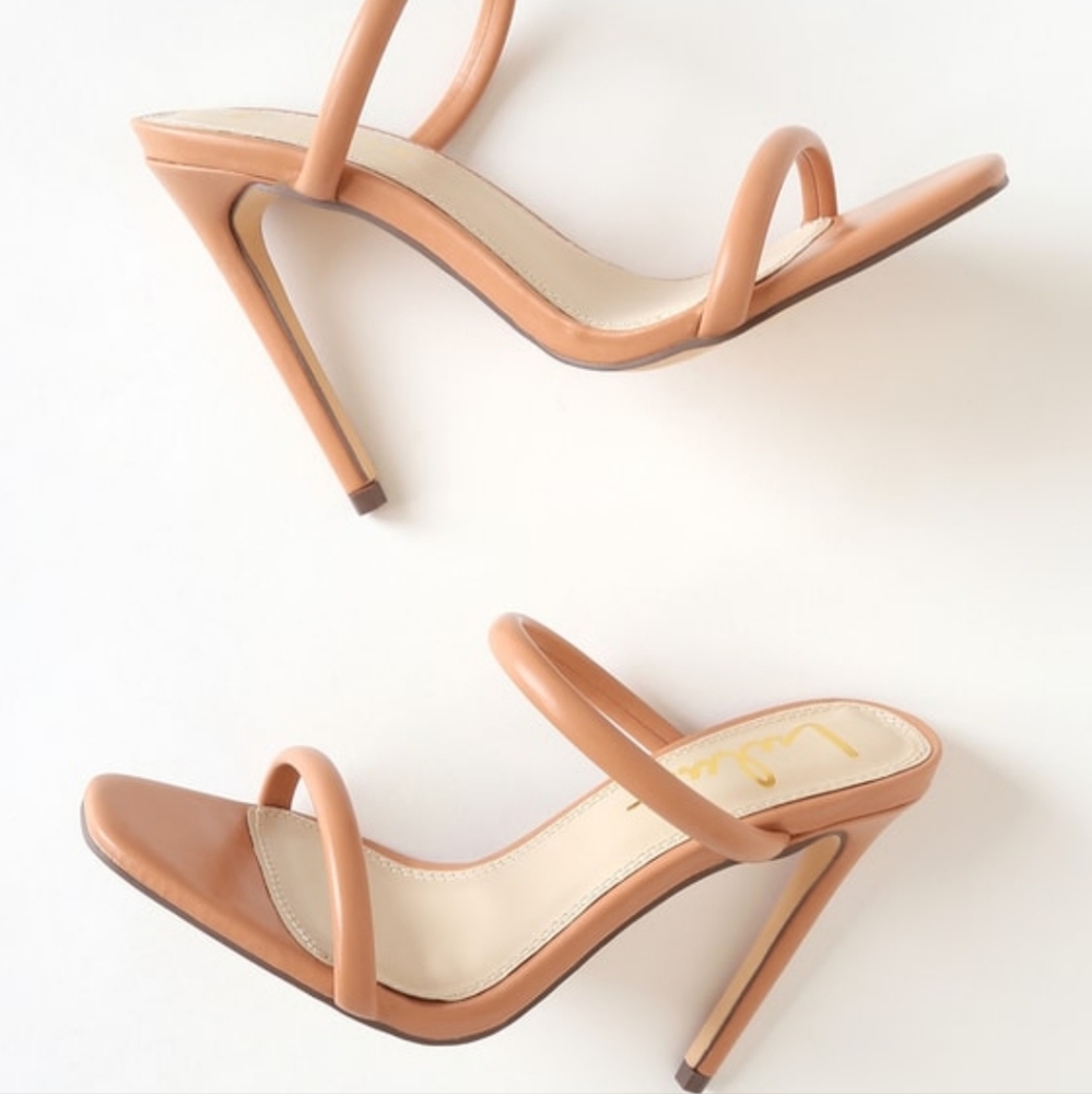 Tan Square-Toe High Heel Sandals